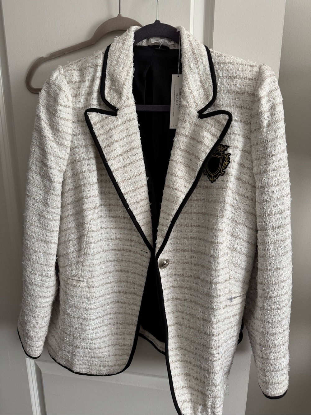 Classic Women's-Style Tweed Blazer short set in Ivory with Black Trim